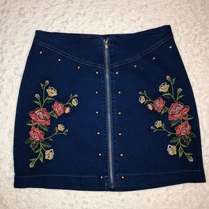 embroidered floral denim skirt
